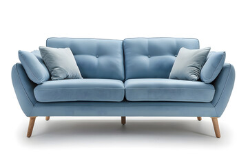 Modern Blue Sofa with Wooden Legs isolated on white background