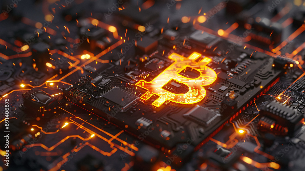 Poster the bitcoin symbol surrounded by electrical components, representing the technological aspect of cry
