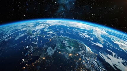 Obraz premium expansive view of the earth from space showcasing the ozone layer as shimmering blue shield The curvature of the earth is highlighted by the contrast of the dark space and the glowing atmosphere
