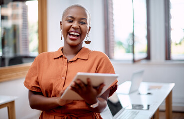 Business woman, happy portrait and tablet for online project, planning and app development in office. Female person, programmer smile and tech for wireframe update, system software and seo statistics