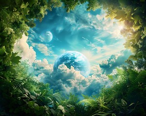 Beneath a sky filled with dramatic clouds a blue globe is surrounded by lush green vegetation symbolizing the commitment to preserving nature and promoting a sustainable 