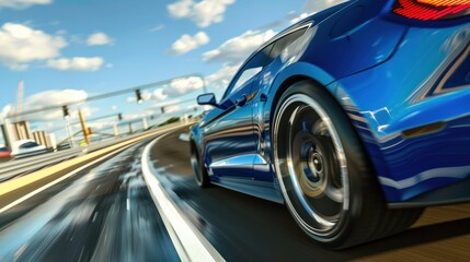 blue car at high speed along the highway obscures the speed of movement, 3d rendering. AI generative