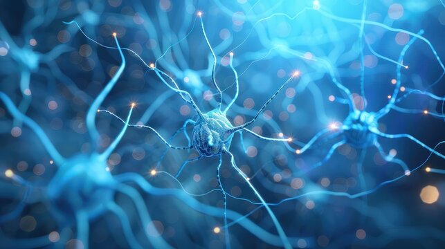 Blue medical neural network background, illustrating the integration of technology and healthcare in a futuristic setting.
