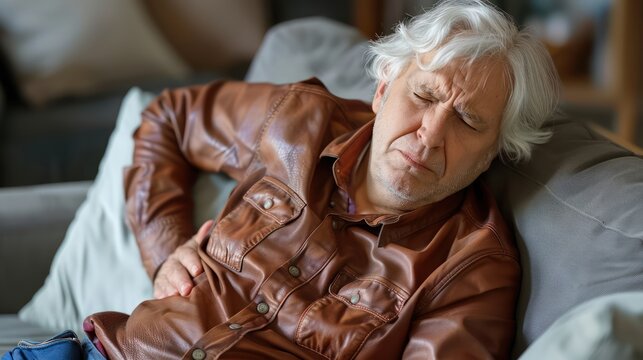 Middle-aged Man Suffering From Back Pain While Resting on Couch, Seeking Relief and Treatment for Chronic Pain