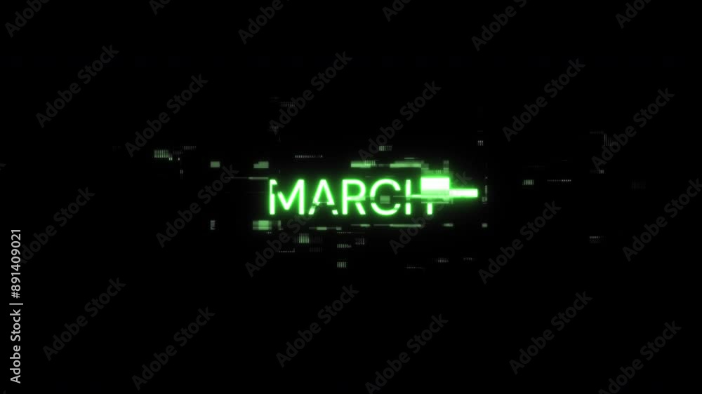 Poster march text with screen effects of technological failures. spectacular screen glitch with various kin