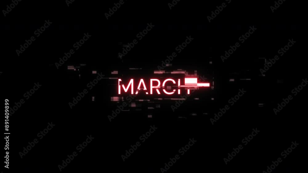 Poster march text with screen effects of technological failures. spectacular screen glitch with various kin