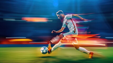 Professional soccer player running and kicking a ball during a night game with motion blur effect