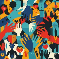 Charity illustration concept with abstract, diverse persons, hands and hearts. Job ID: bb3e7d29-a153-4342-ba22-104fa6badd6d