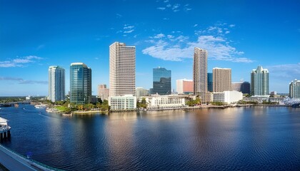 Downtown Tampa skyline overlooking Hillsborough Bay and Riverwalk, Tampa, Florida, USA, cityscape, panoramic, skyline, urban, downtown, buildings, architecture, waterfront, bay