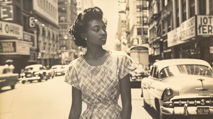 A Moment of Reflection on a Busy City Street in the 1950s