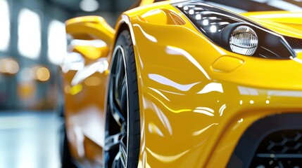 Closeup on front of generic and unbranded car A super yellow sports car background wallpaper illustration