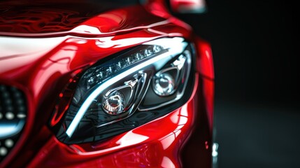 Fototapeta premium Closeup on headlight of a generic and unbranded red car on a black background