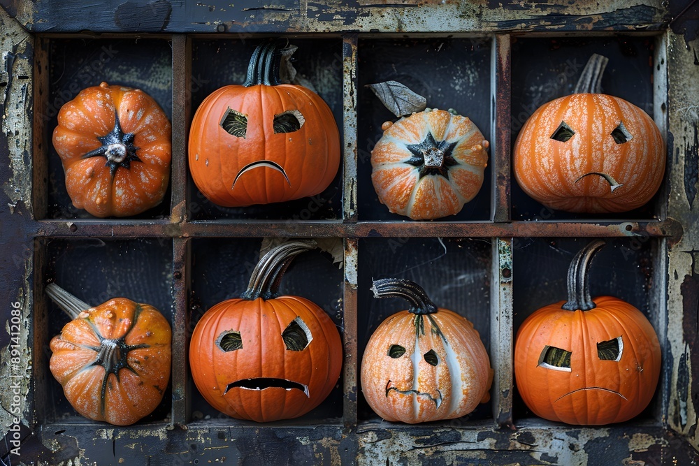 Poster whimsical display of emotionally carved pumpkins in a rustic frame