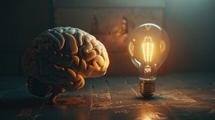 Concept of a brain and a light bulb, showing futuristic and technologically advanced image