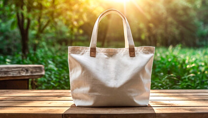 Blank white canvas tote bag mockup on a sunlit table, perfect for showcasing designs This eco-friendly product  is perfect for promoting sustainable living simple, and durable design.
