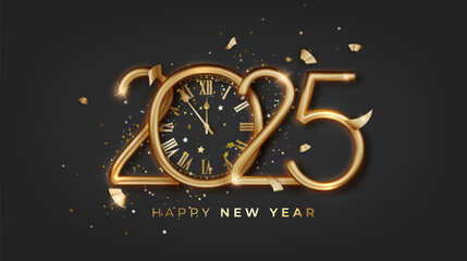 2025 New Year gold numbers. luxury design, and golden 2025 countdown with realistic clock and glitter sparkles