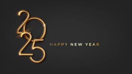 2025 Happy New Year and Christmas on dark background. Horizontal Christmas dark banner with shiny elements