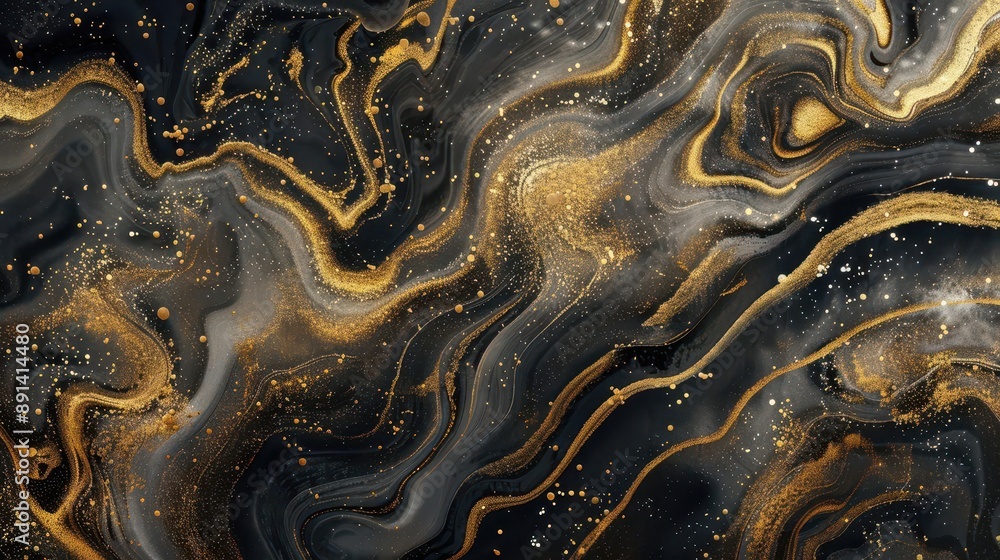 Poster a luxurious abstract background blending liquid gold and deep black marble swirling patterns and del