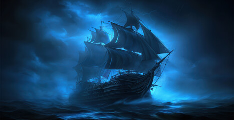 Obraz premium Eerie spectral pirate ship emerging from a misty sea, illuminated by a blue glow, creating a haunting and mysterious atmosphere.