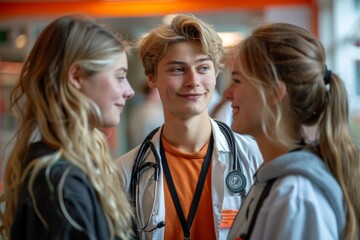 Fototapeta premium Smiling Young Healthcare Professionals Discussing Patient Care in a Hospital Corridor, Team Collaboration in Medical Setting