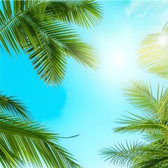 Naklejka premium Palm leaves on a background of blue sky with clouds, sunlight