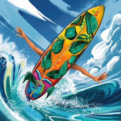 summer surfing, brightly colored surfboard, by the open ocean, brush drawing.