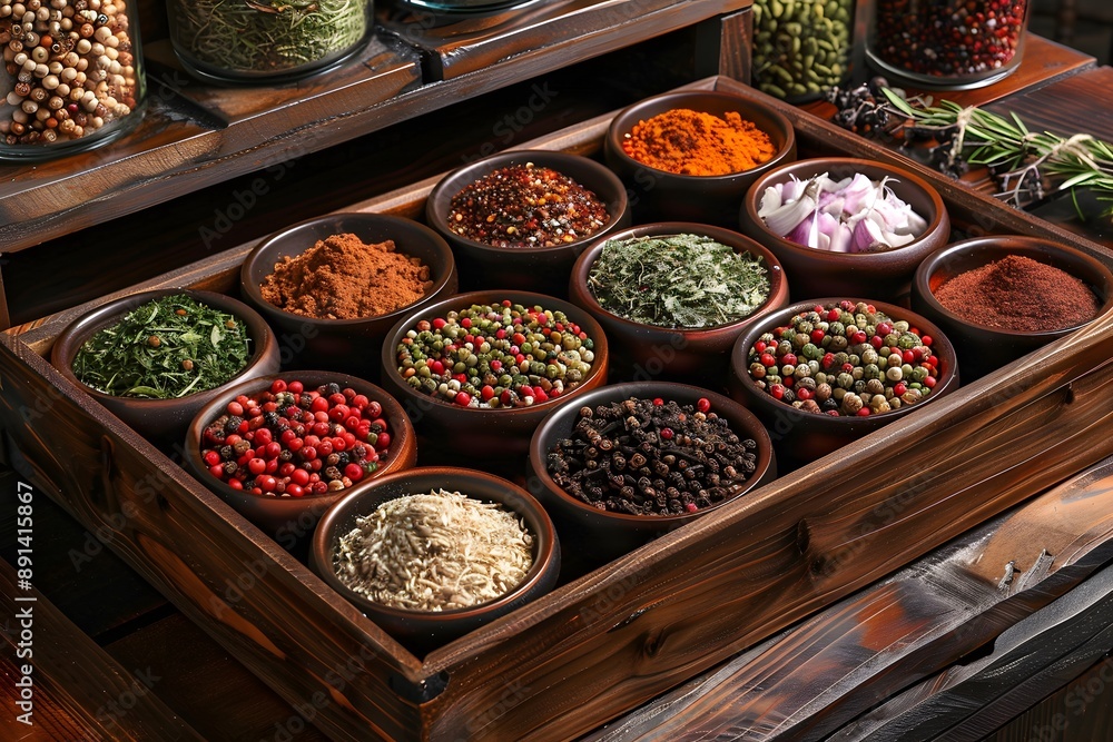 Poster a colorful array of spices in rustic bowls