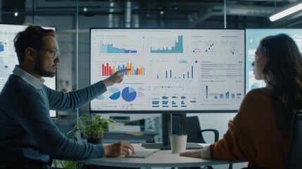 Ethical use of data AI system. diverse group of professionals looking at a large computer screen displaying data graphs. Collaborative effort to identify and mitigate biases in AI data