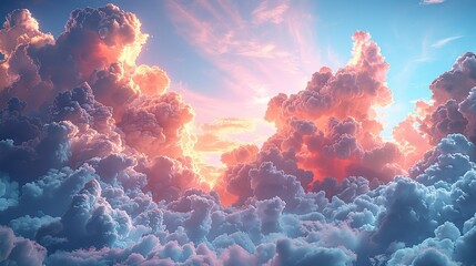 Surreal sky painted with vivid, dreamlike clouds, offering a fantastical backdrop for creative projects. 3D Illustration Rendering , Minimalism,