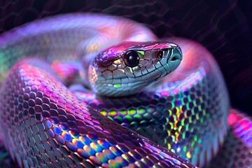 Fototapeta premium Snake with abstract holographic bright multicolor pattern of scale. Close up serpent with rainbow metallized pattern leather. Reptile skin texture with magic iridescent gradient and shiny background