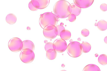 Glowing pink liquid particles bubbles pattern, fluid shiny droplets isolated on transparent background. Aesthetic composition for cosmetology, beauty science, skin care molecular concept.