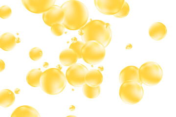 Glowing yellow, gold liquid particles bubbles pattern, fluid shiny droplets isolated on transparent background. Aesthetic composition for cosmetology, beauty science, skin care molecular concept.