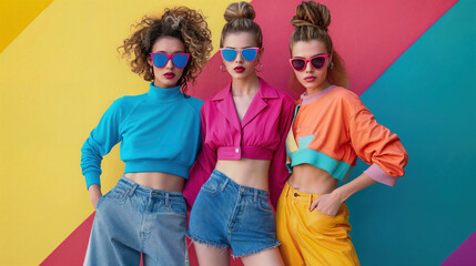 Three female models from 90s and Y2K Eras: Fashion, Vintage Tech, and Design Aesthetics Resurging with Gen Z and Beyond, colorful background