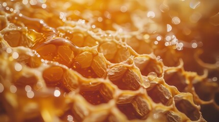 artisanal honey harvest closeup of honeycomb golden droplets bees at work soft natural lighting organic textures farmtotable aesthetic