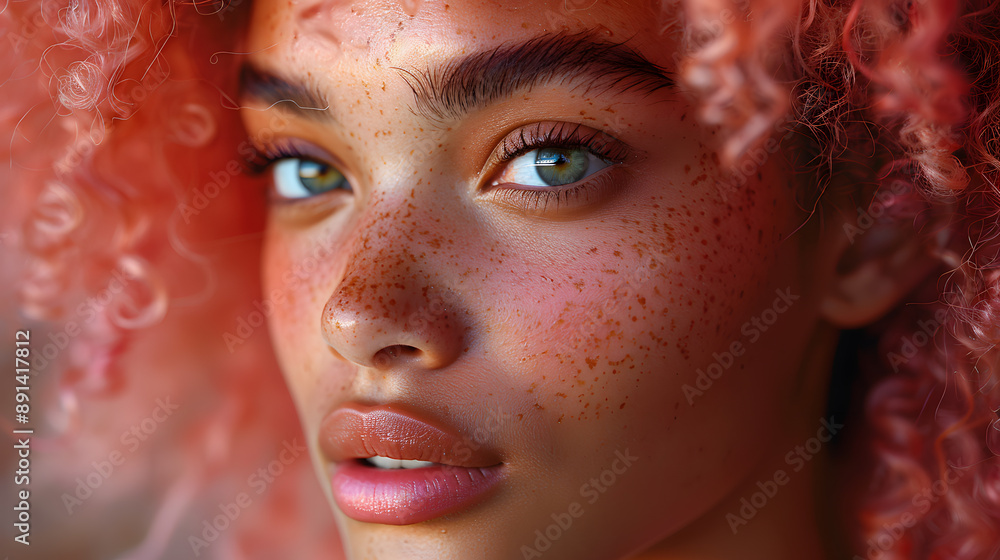 Poster pink curly hair african girl closeup portrait