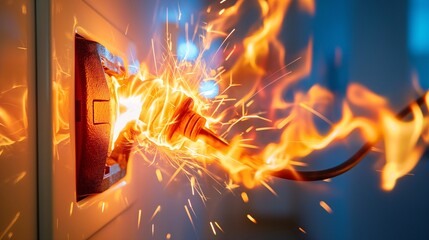 Fototapeta premium A close-up shot of a plug sparking and catching fire in an electrical socket.