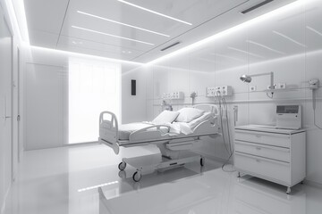 Empty hospital room with bed and medical equipment waiting for patient