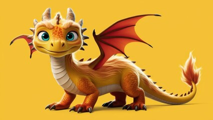 Fototapeta premium Adorable Animated Dragon on Yellow Background