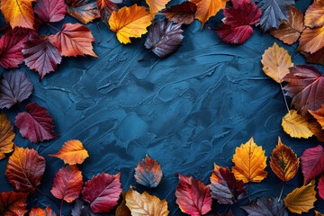 Autumn Background with Colored Leaves on Blue Chalkboard