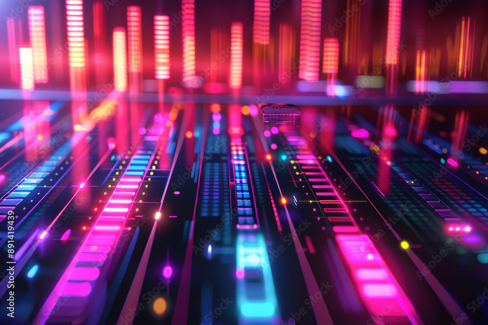 Poster a vibrant display of colorful digital lights in pink and blue creating an abstract pattern