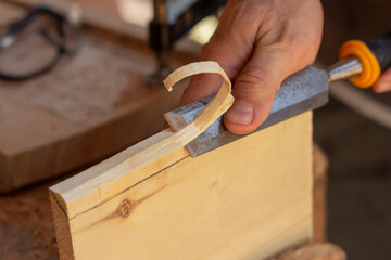 close-up of a carpenter cutting a wooden board