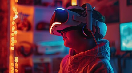 child immersed in virtual reality game neon lights reflecting off vr headset futuristic gaming setup in dimly lit room