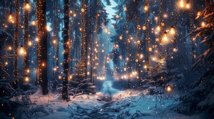 Enchanting Winter Forest with Twinkling Lights at Dusk
