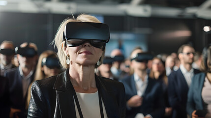 Fototapeta premium Vr experience senior business manager woman attend meeting wearing vr virtual goggle glasses standing in autitorium convention hall with crowd of business people background