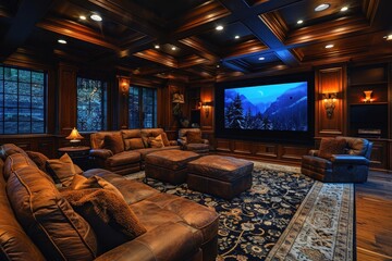 Naklejka premium Luxury Home Theater A plush home theater with recliner seats, a large screen, and surround sound. Add dark walls, soundproofing panels, and a popcorn machine. --ar 3:2 --style raw --stylize 750 Job ID