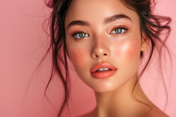 Obraz premium Radiant Beauty: A Close-Up Portrait with Soft Makeup Against a Pink Background