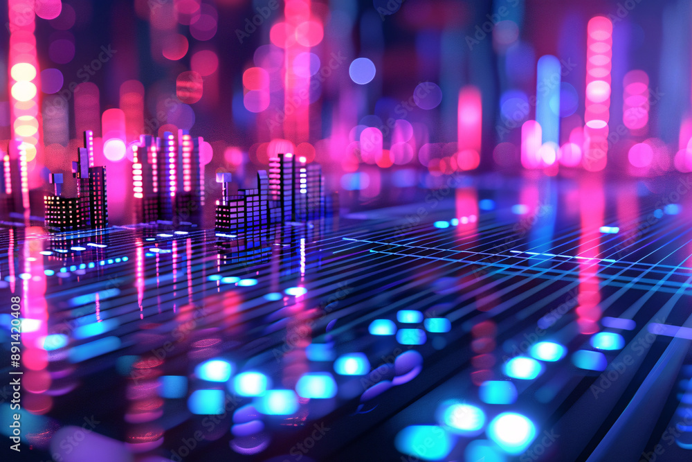 Poster high-tech data visual with neon lights and digital graphs in vibrant pink and blue creating a futuri