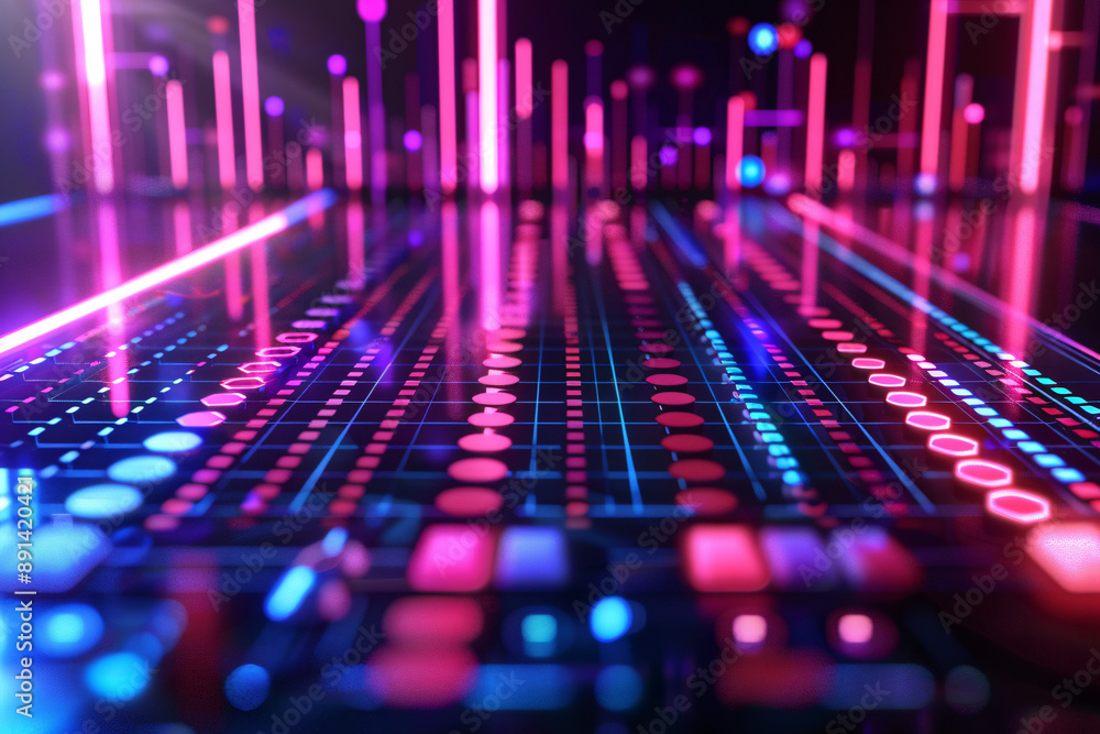 Aufkleber neon data streams and glowing dots in vibrant pink and blue creating a futuristic digital interface