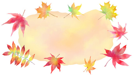 水彩で描いた紅葉の背景イラストフレーム、ベクター、16:9、背景バナー、テキスト無し、コピースペース、白バック	