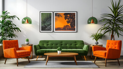 Green sofa and orange chairs against wall with poster frame. Mid - century, vintage, retro style home interior design of modern living room
